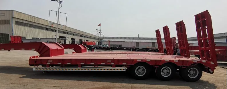 Hydraulic Extendable Low Bed Trucks 3 Axles Lowbed Container Trailer Machinery Transport Low Bed Lorry Trailer for Sale