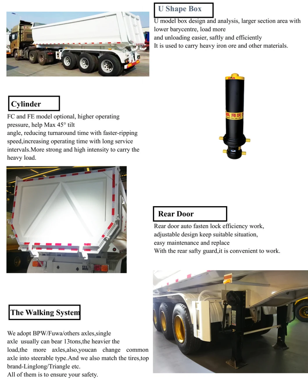 3 Axle U / Square Shape Dumper Dumping Tipper Hydraulic Side/Back/Rear/End Tipping Truck Semi Dump Trailer